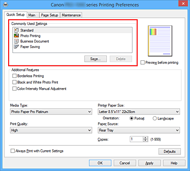 figure:Commonly Used Settings on the Quick Setup tab